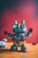 A toy cheerful and chubby robot is standing on a table. AI generative image.