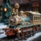 toy Christmas locomotive train on a track during winter,