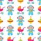 Toy cute whirligig, carriage and robot seamless pattern