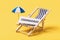 Toy deck chair, umbrella and tag with an inscription on a yellow background