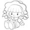 Toy doll sitting in a dress and in a hat, outline drawing, isolated object on a white background, vector illustration