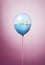 Toy duck on water minimal concept inside balloon. Flying balloon copy space idea with yellow rubber duck on pink background
