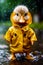 Toy duck wearing yellow raincoat and red nose in the rain. Generative AI