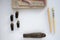 Toy Egyptian sarcophagus with archeologist tools