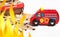 Toy fire truck next to scattered matches on white background.