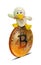 Toy fluffy duck bird riding gold cryptocurrency bitcoin blockchain virtual money cash internet banking online peer finances gold