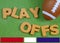 Toy football on grass background with red white and blue color bars across the bottom to match a football league team.