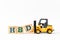 Toy forklift hold letter block D to complete word HBD Abbreviation of happy birthday on white background