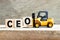 Toy forklift hold letter block o to word CEO abbreviation of Chief Executive Officer on wood background