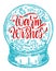 Toy glass snow globe sketch. Warm wishes lettering. Winter decorative pattern