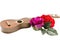 toy guitar and two roses on a white background