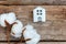 Toy House and cotton flowers on wooden background