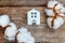 Toy House and cotton flowers on wooden background