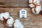 Toy House and cotton flowers on wooden background