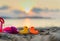 Toy for kid with sunset beach background. Relax and recreation concept on summer season