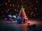 Toy mini Christmas tree and gift box, neon lighting, bokeh background