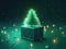 Toy mini Christmas tree and gift box, neon lighting, bokeh background