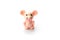 Toy miniature pink mouse smiling isolated object on white background space for text