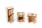 Toy miniature wooden kitchen furniture stands. Refrigerator, gas stove and sink. Furniture for dolls and dollhouse