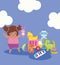 Toy object for small kids to play cartoon, cute girl with rabbit in hand and many toys