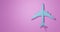 Toy passenger jet aircraft of blue color. Airplane from plastic with copy space on a pink background. 3d illustration