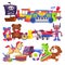 Toy piles. Cute colourful kid toys pile with car, sand pail, child plastic animal bear and dog, doll train vector