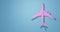 Toy pink passenger aircraft. Airplane from plastic on a blue background. 3d illustration