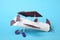 Toy plane made of toilet paper hub on blue background