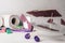 Toy plane made of toilet paper hub on wooden table