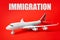 Toy plane and word IMMIGRATION on background