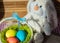 Toy rabbit with a basket of Easter eggs