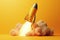 Toy rocket takes spewing smoke on a yellow background the symbol for success is startup education and knowledge. Generative AI