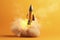 Toy rocket takes spewing smoke on a yellow background the symbol for success is startup education and knowledge. Generative AI