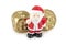 A toy Santa Claus is standing near two golden dice and greets you / isolated on white.