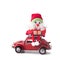 Toy Santa delivering presents with retro car Volkswagen Beetle, white background