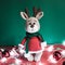 Toy small Christmas deer on a red and green background with decorations and lights from a garland. Cute handmade knitted deer in a