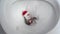 Toy snowman in red hat inside toilet and water runs closeup