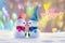 Toy snowmen on the background of bright hearts. Two are in love. Inscription Valentine`s Day _