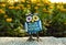 A toy of a surprised blue-colored owl with multi-colored eyes close-up stands on a stone against a background of yellow flowers in