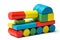Toy tank, multicolor wooden blocks, military transport over whit