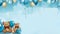 Toy Teddy bears with balloons on a blue background. The concept of birthday greetings, for boys. Boyish style. Sketch.