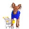 Toy Terrier with shopping cart isolated on white.