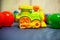 Toy train for kids with colored balls. Bright children's toys.