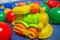 Toy train for kids with colored balls. Bright children's toys.