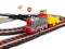 Toy train locomotive, steam locomotive with trailer trolley on the railway, rails, signs, children`s railway