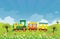 Toy train riding on Spring summer meadow landscape with sun rays