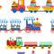 Toy trains with kid toys and children playthings for kindergarten boys children design seamless pattern.