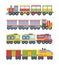 Toy trains set. Colorful game steam locomotive with wagons stylish retro and modern designs industrial vehicle