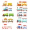 Toy trains set, colorful locomotives and wagons vector Illustrations