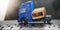 Toy truck moves wooden block with Follow word. depicts delivering goods or products around globe in e-Commerce. Business to